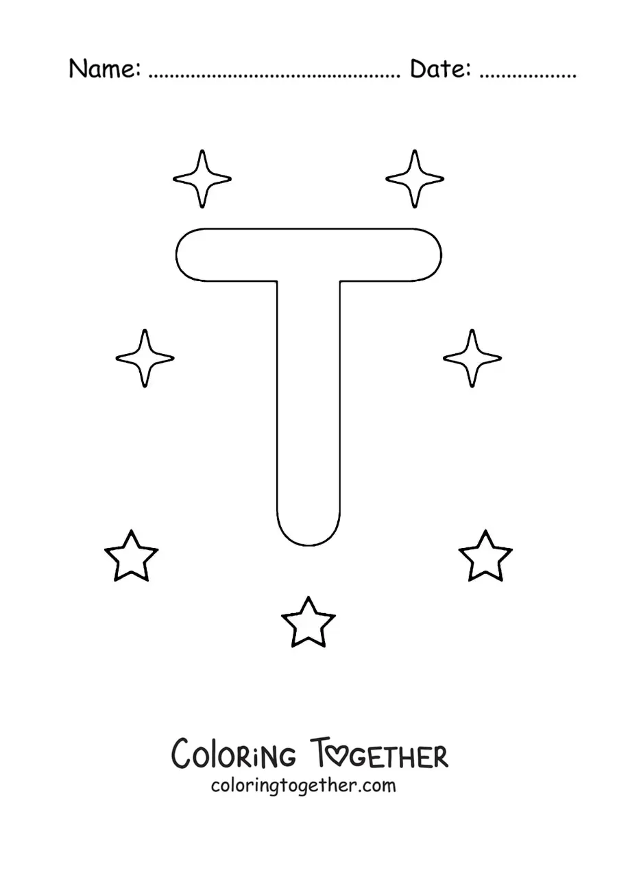 Coloring page of the uppercase letter T with stars