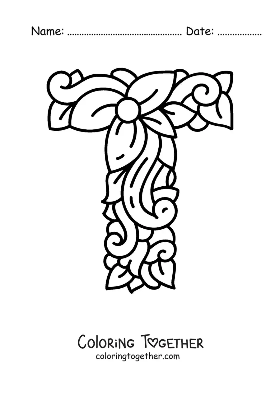 Coloring page of a decorated uppercase letter T