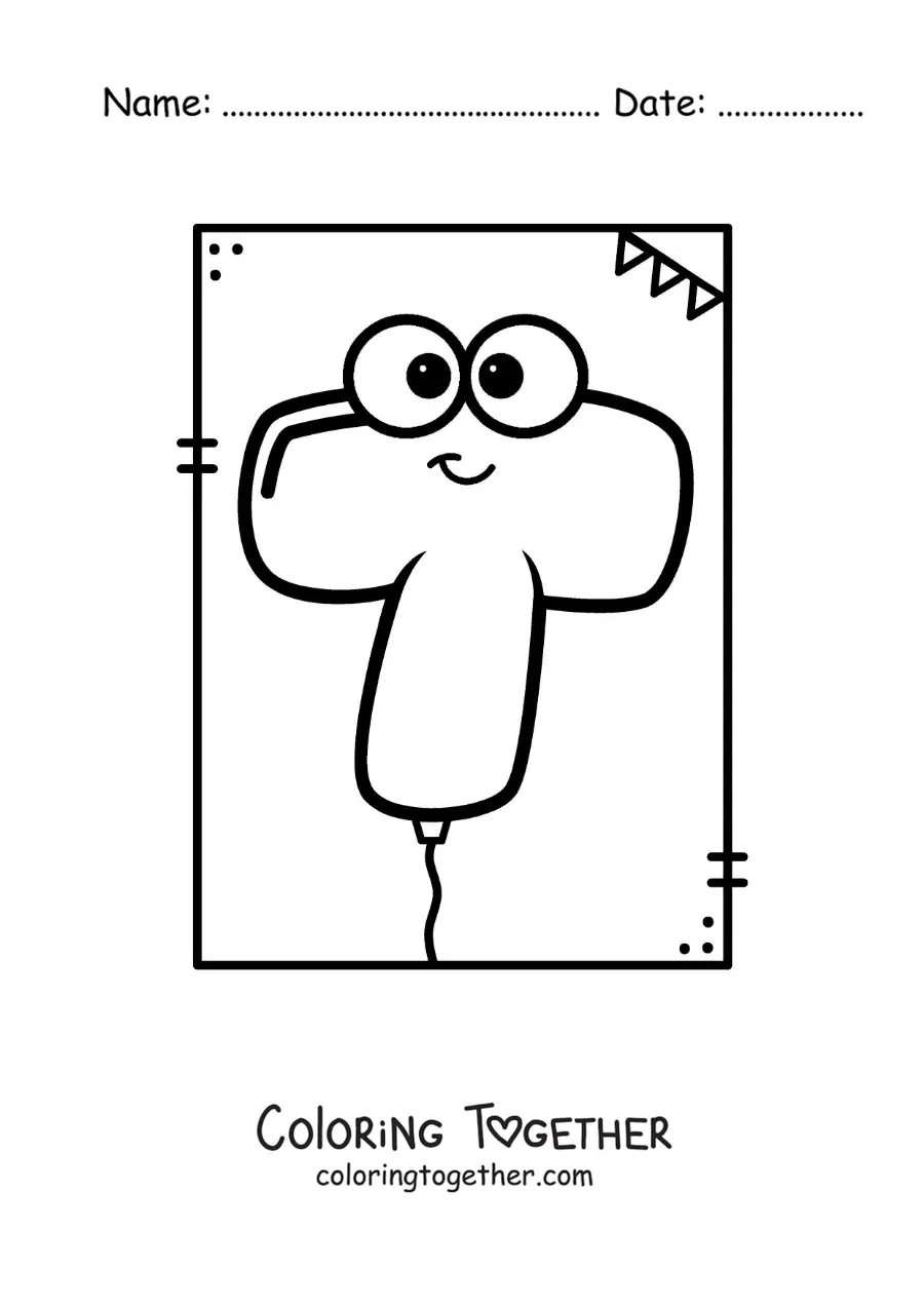 Coloring page of the cartoon letter T shaped like a balloon