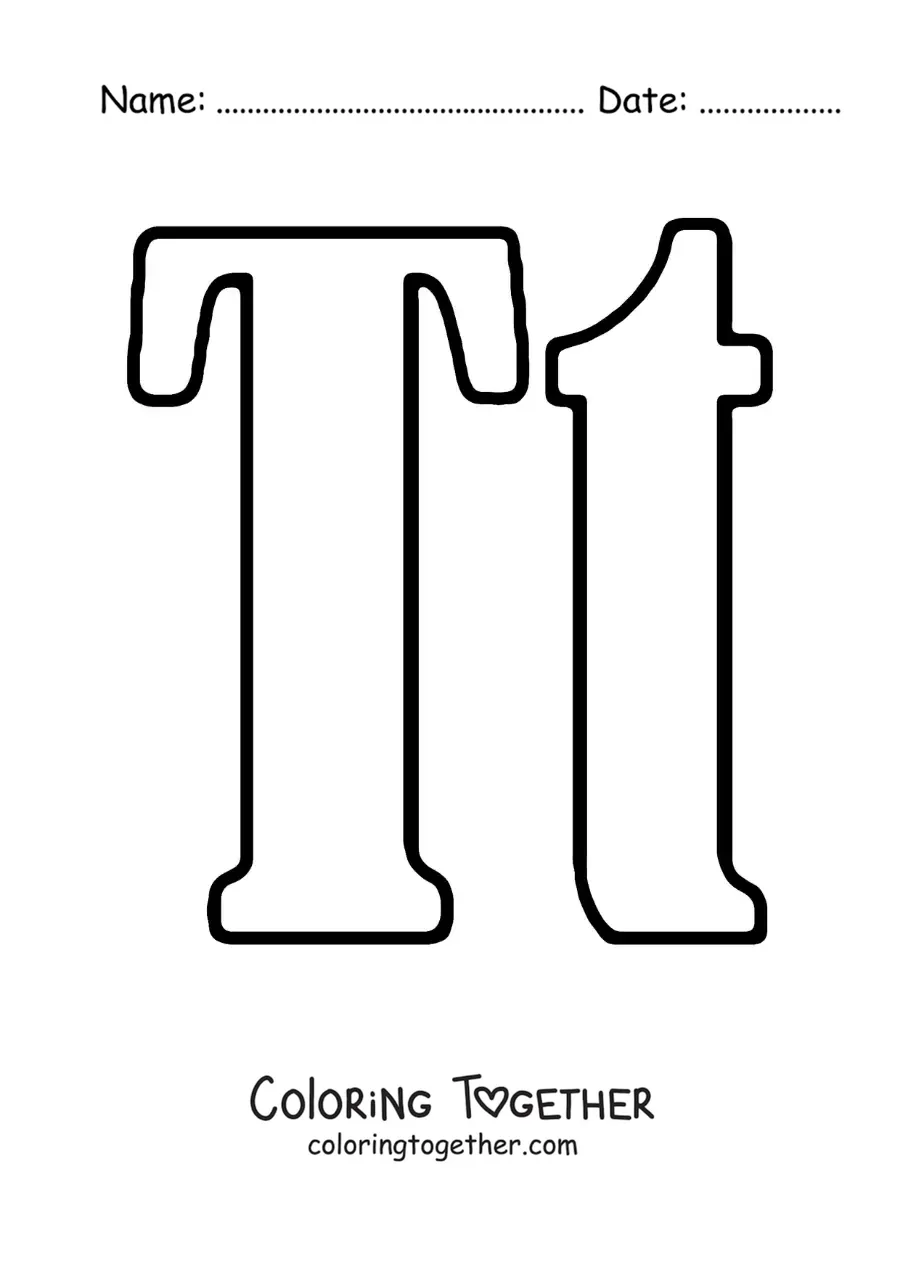 Coloring page of a big uppercase and lowercase letter T