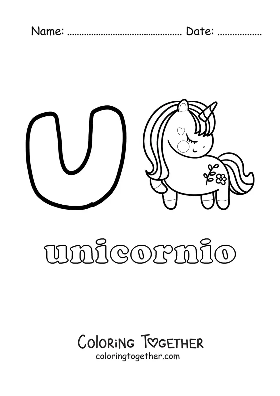 Coloring page of U for unicorn