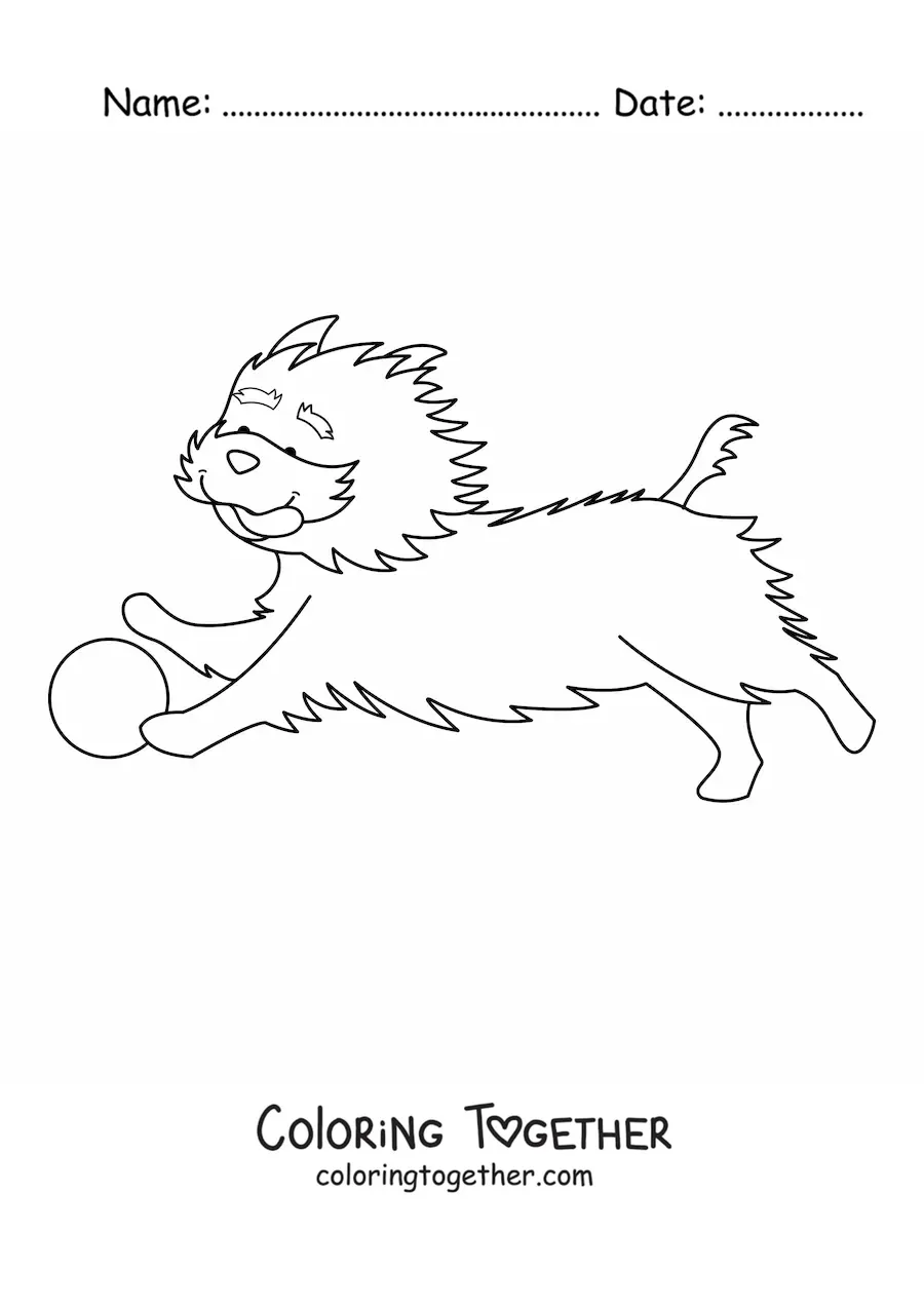 Coloring page of a Yorkshire terrier running after a ball