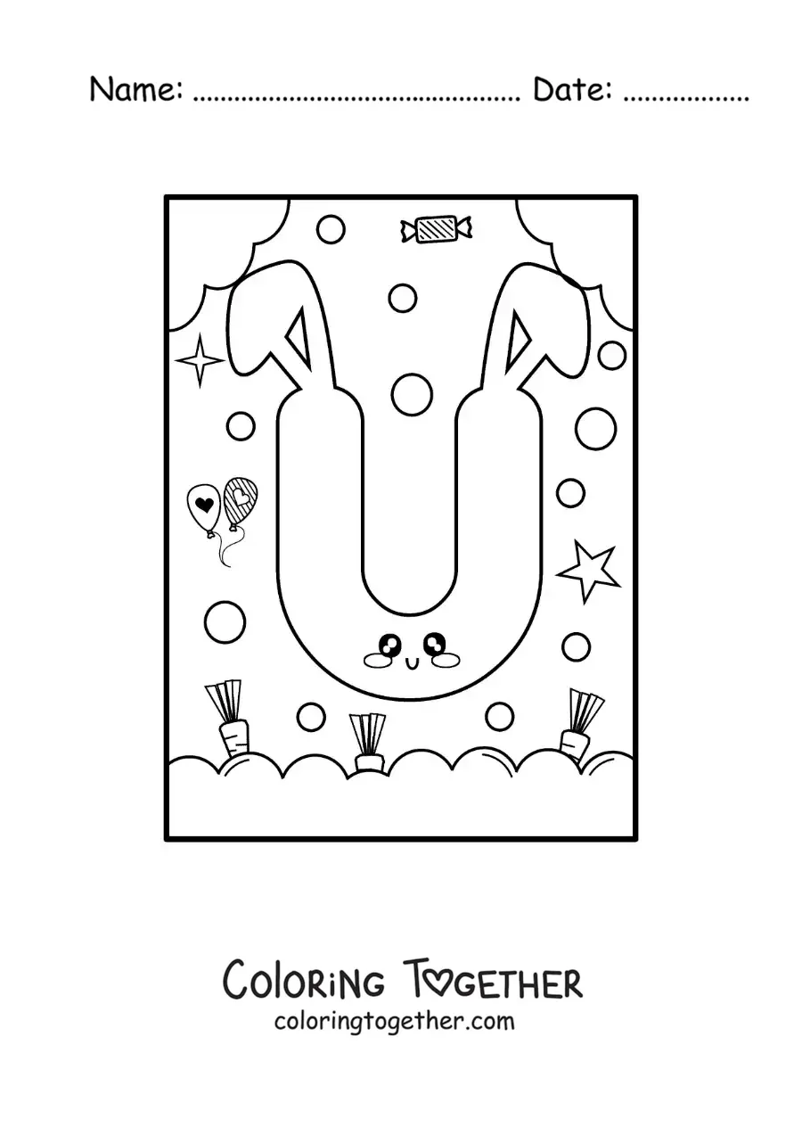Coloring page of the letter U shaped like a cute kawaii cartoon bunny