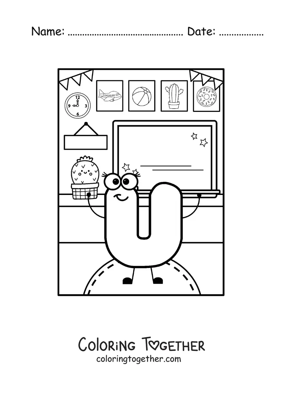Coloring page of the cartoon letter U at school