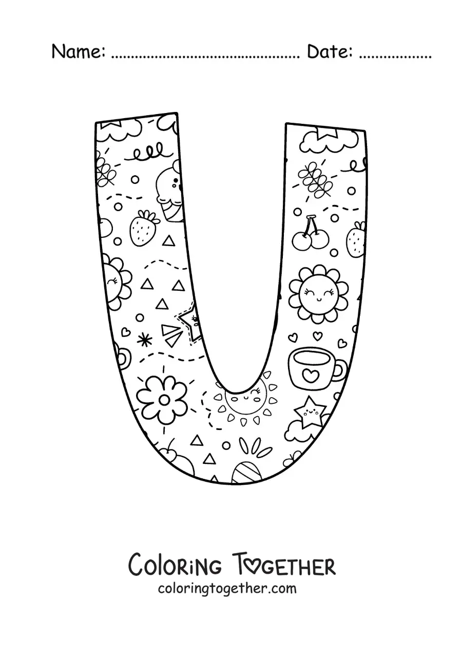 Coloring page of the letter U with cartoons
