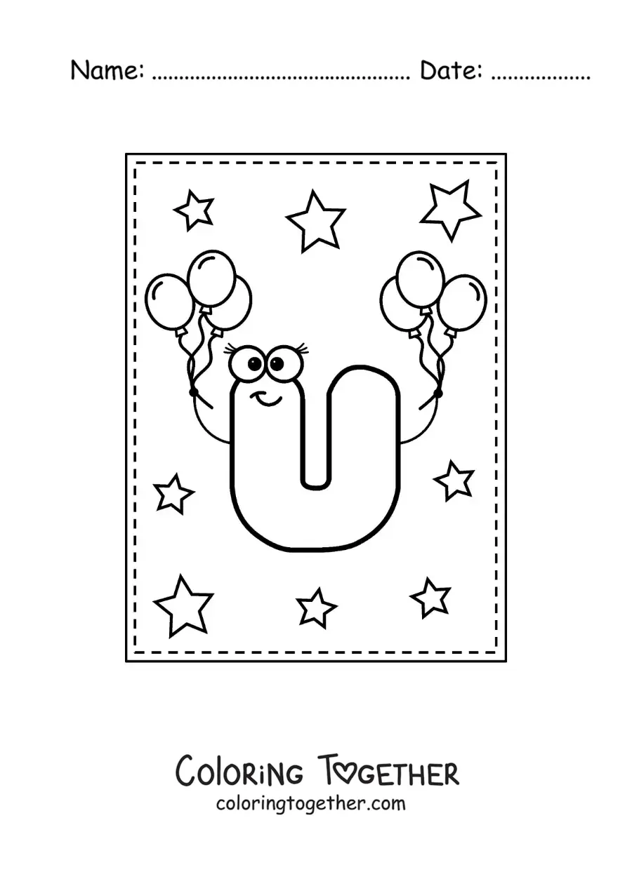 Coloring page of the cartoon uppercase letter U with balloons