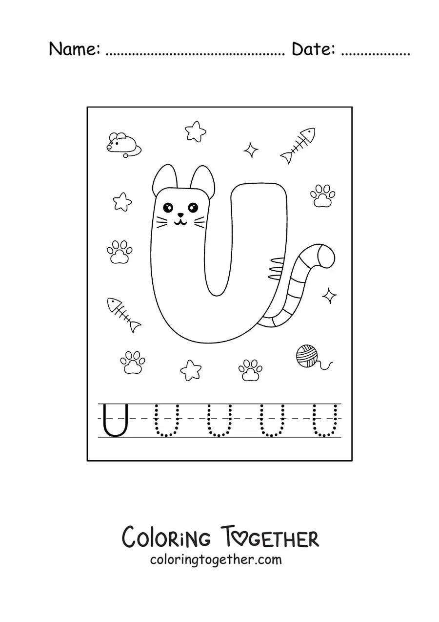 Coloring page of the cartoon letter U shaped like a cat