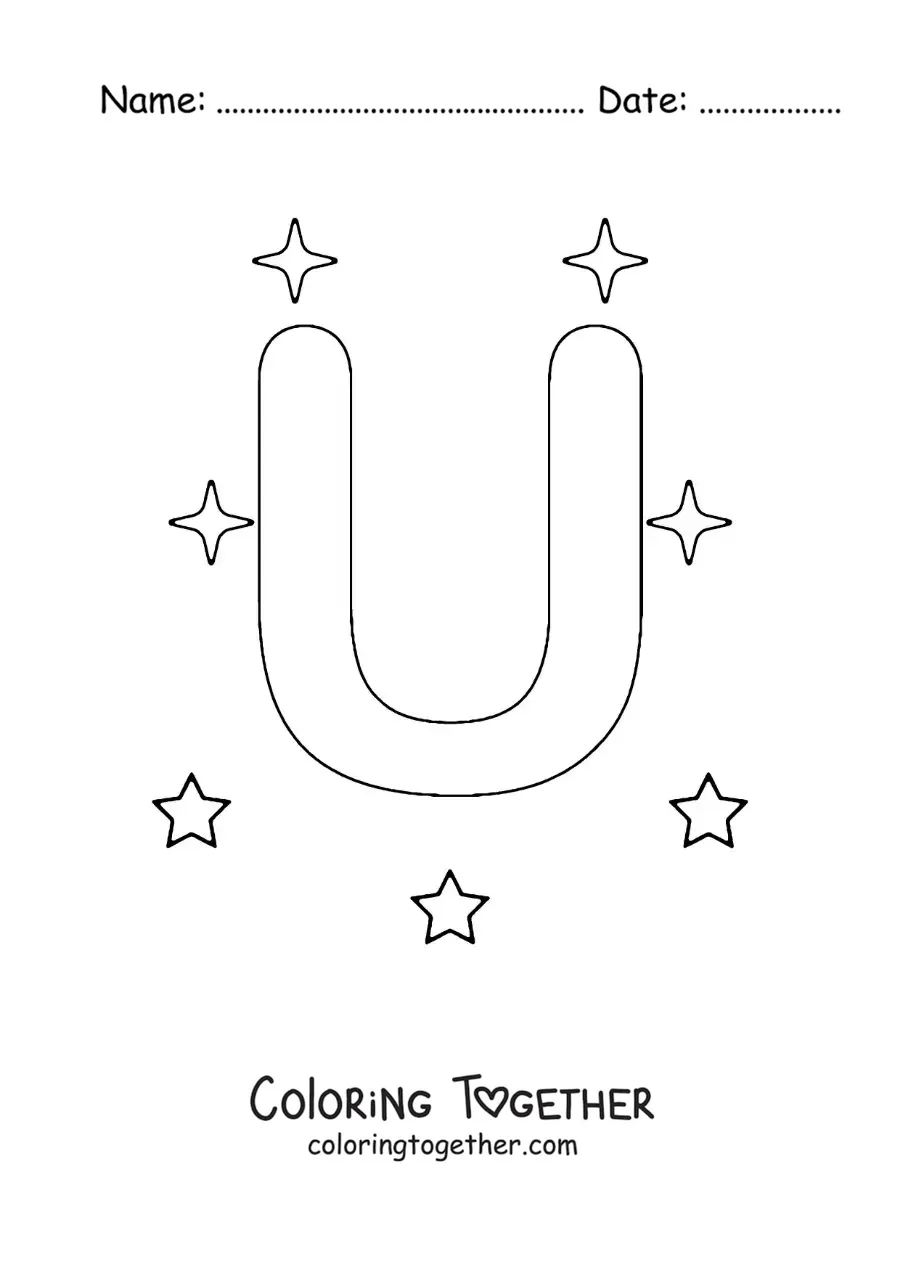 Coloring page of the uppercase letter U with stars