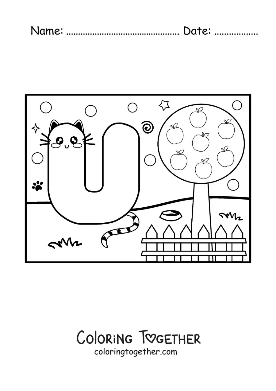 Coloring page of the cartoon letter U shaped like a cat in the park