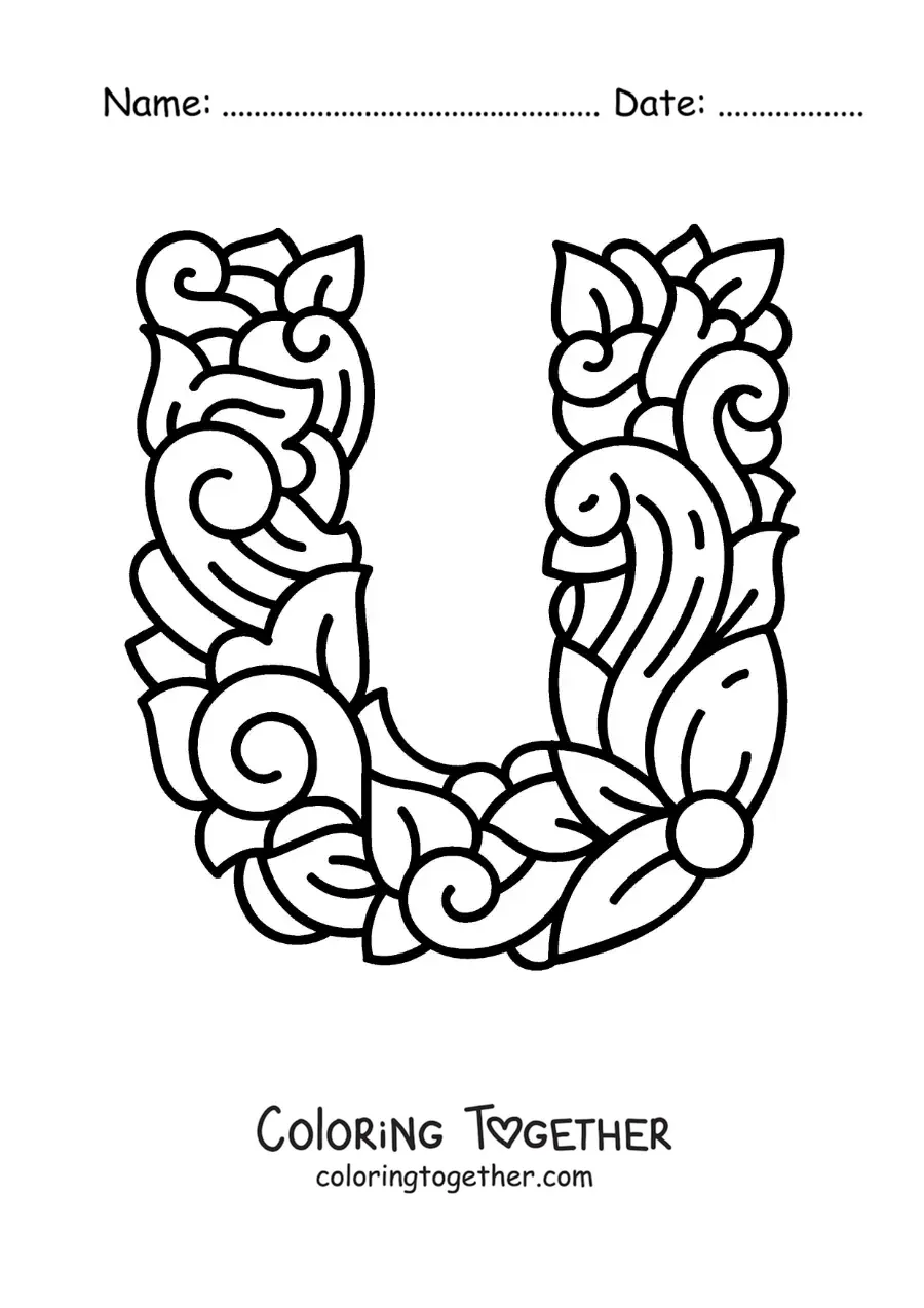 Coloring page of a decorated uppercase letter U