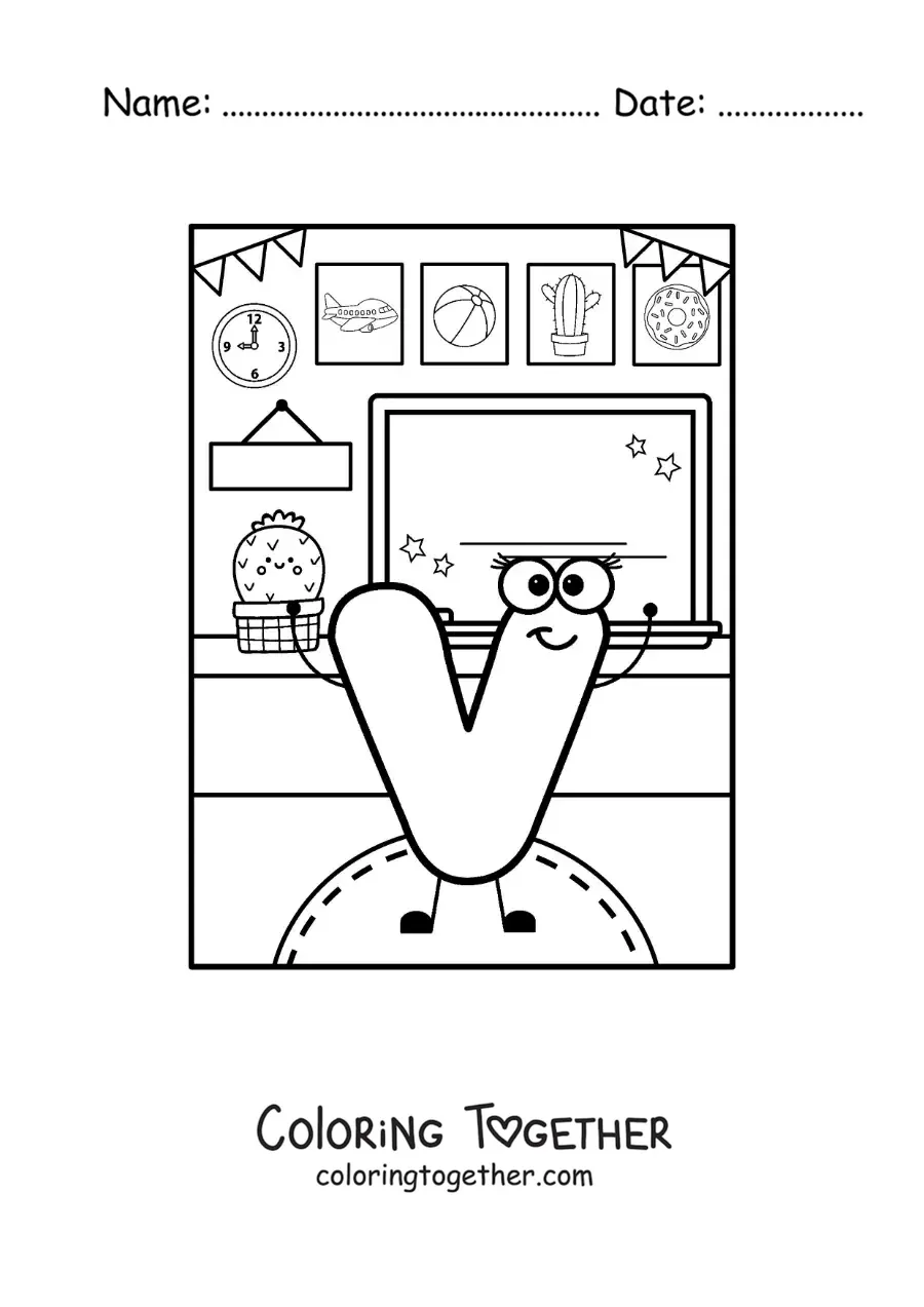 Coloring page of the cartoon letter V at school