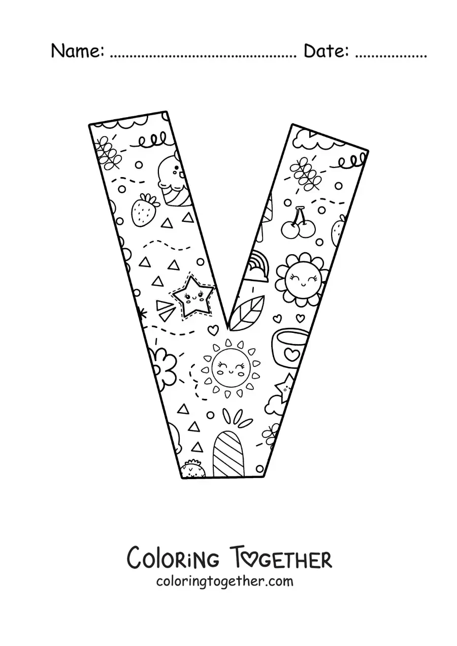 Coloring page of the letter V with cartoons