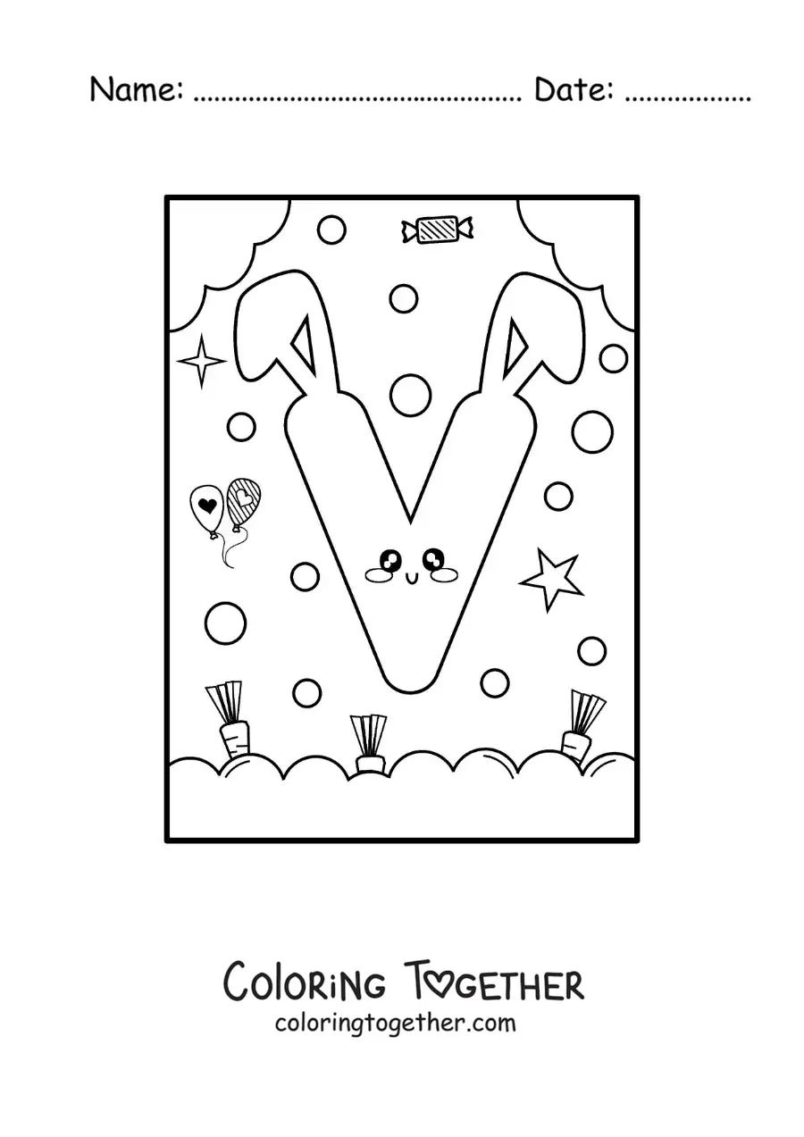 Coloring page of the letter V shaped like a cute kawaii cartoon bunny
