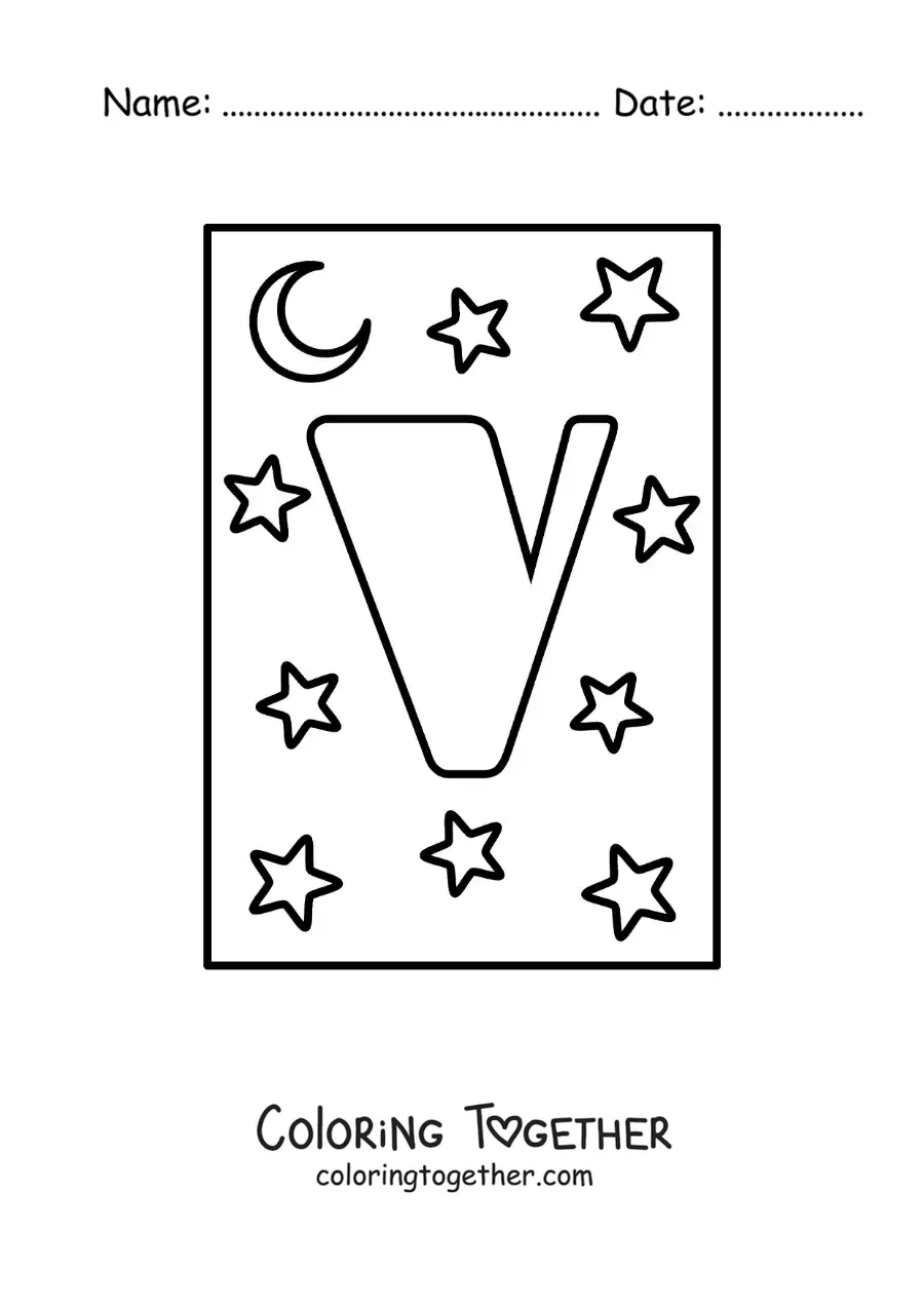 Coloring page of the uppercase letter V with stars and a moon