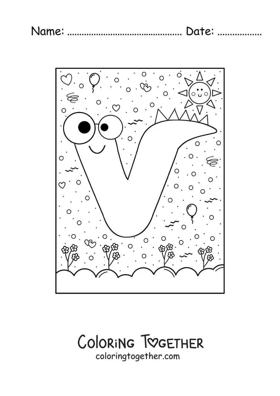 Coloring page of the cartoon letter V shaped like a monster
