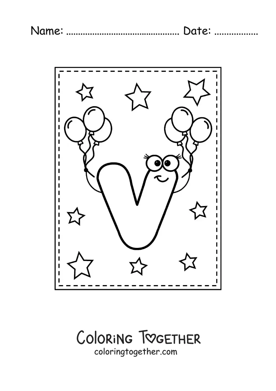 Coloring page of the cartoon uppercase letter V with balloons