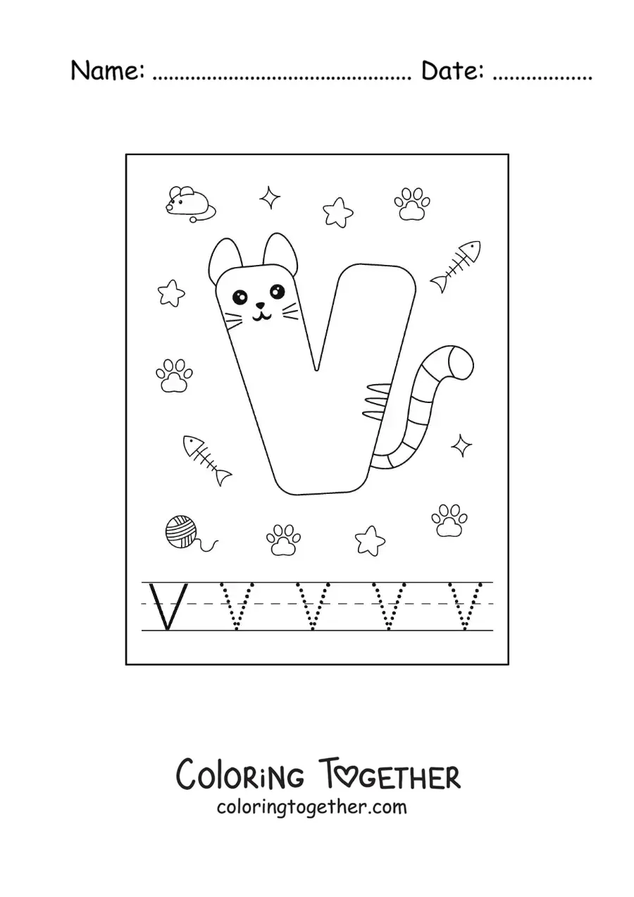 Coloring page of the cartoon letter V shaped like a cat