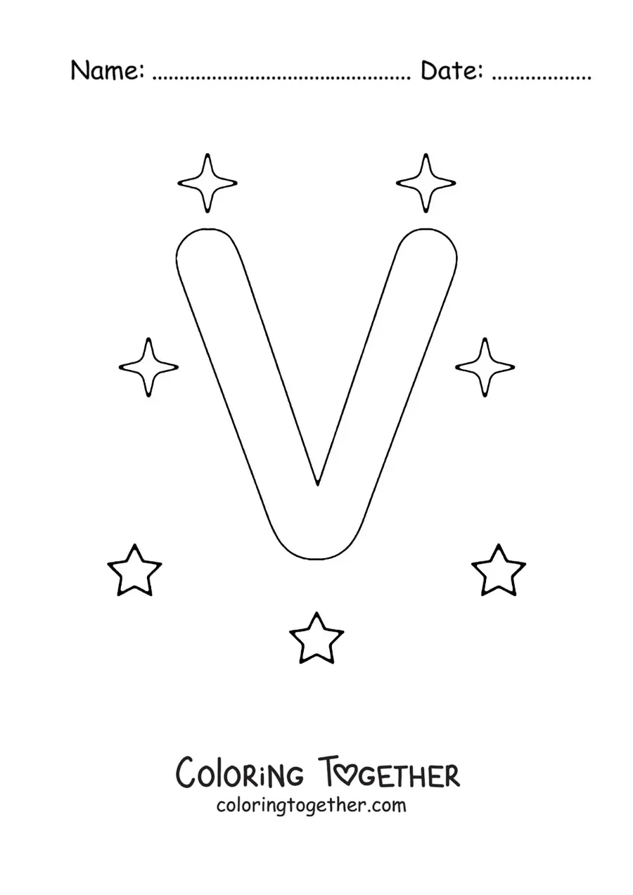 Coloring page of the uppercase letter V with stars