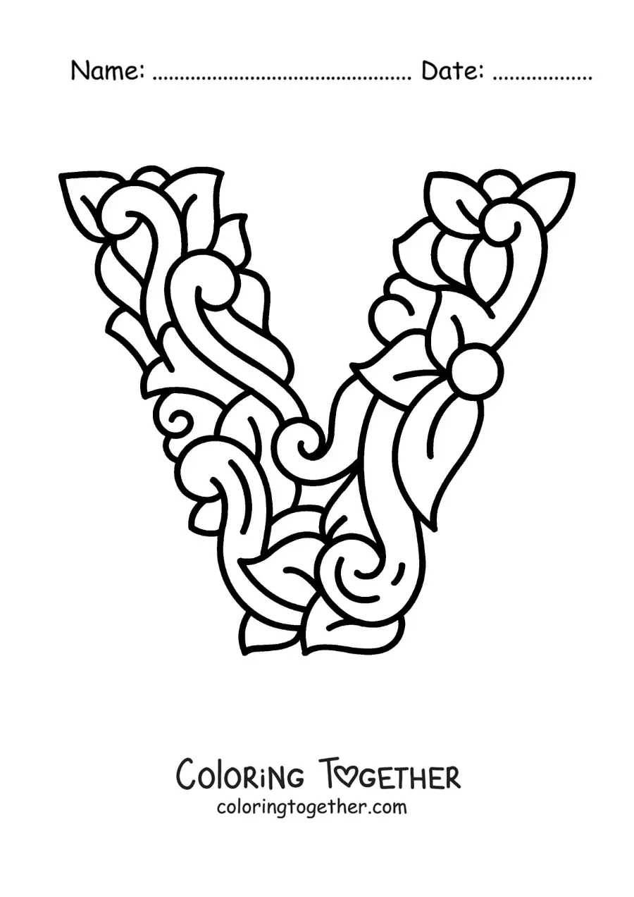 Coloring page of a decorated uppercase letter V