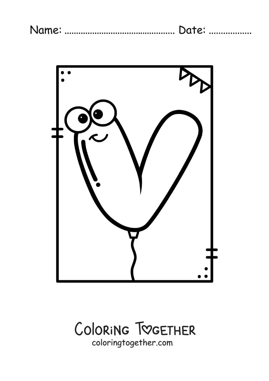Coloring page of the cartoon letter V shaped like a balloon