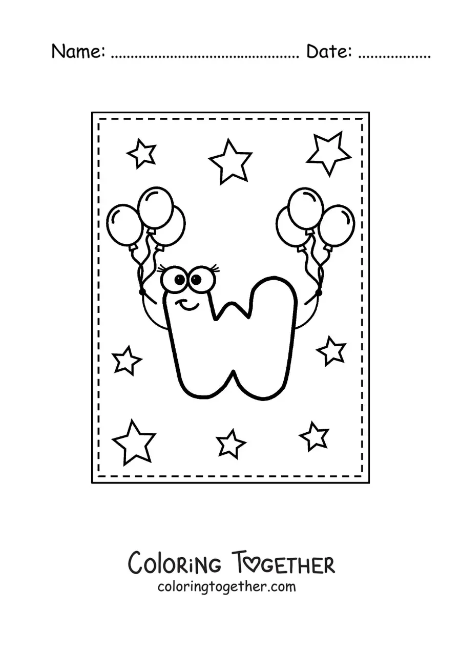 Coloring page of the cartoon uppercase letter W with balloons