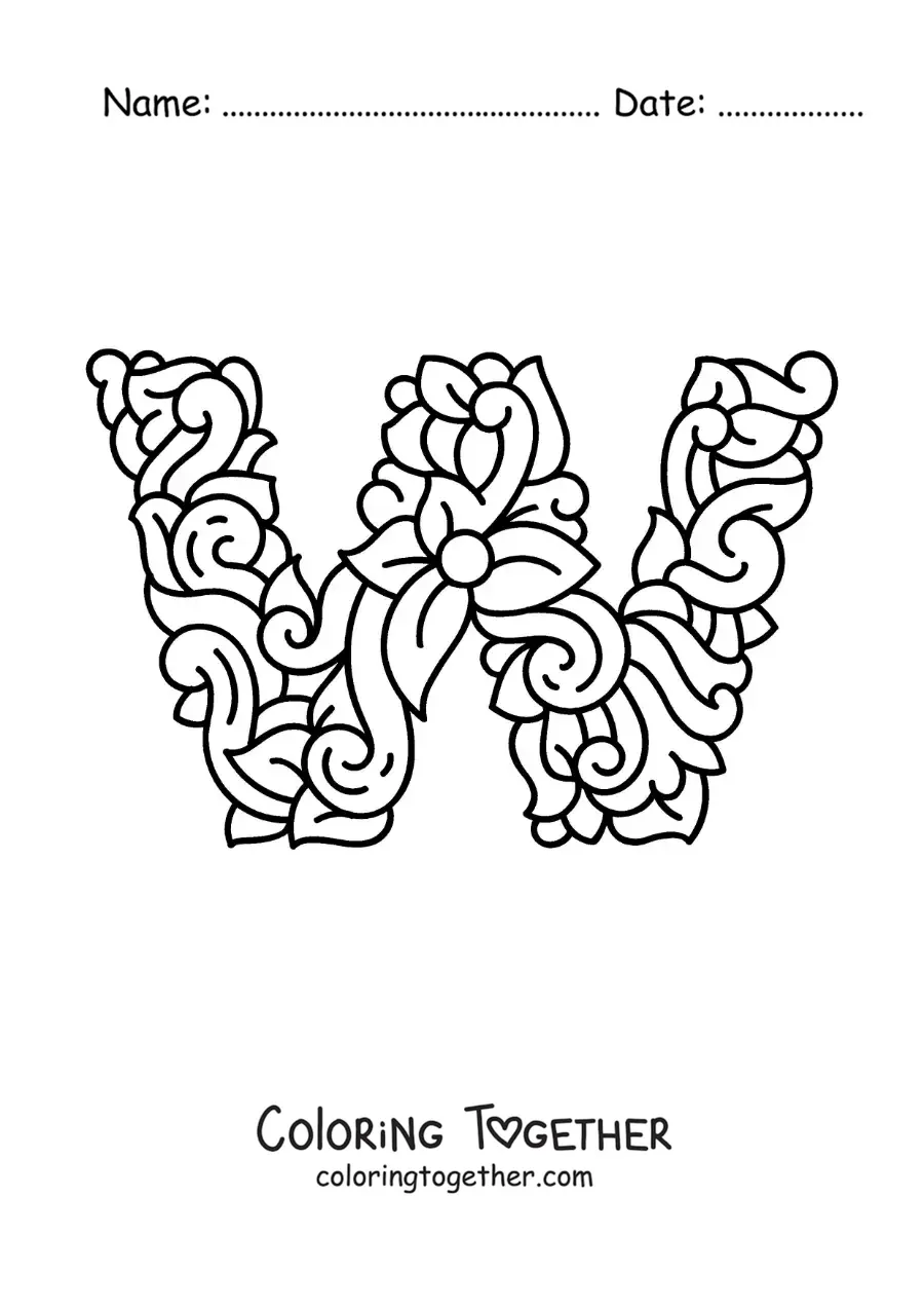 Coloring page of a decorated uppercase letter W