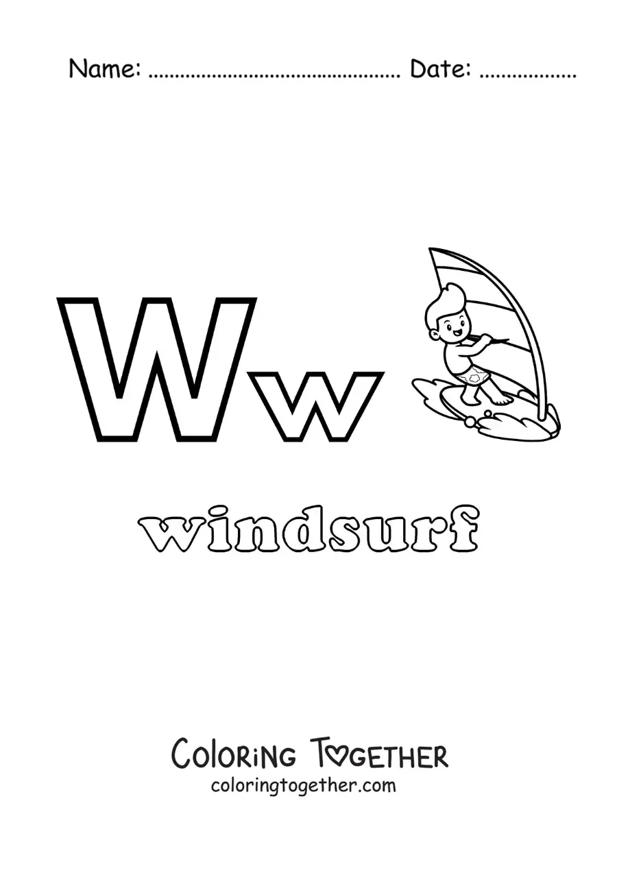 Coloring page of W for windsurfing