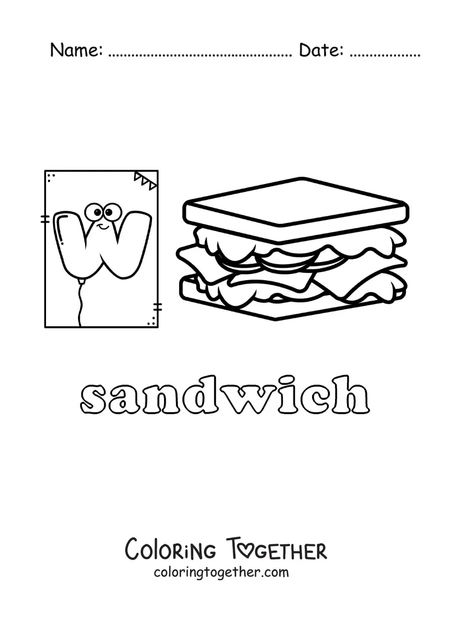Coloring page of W for sandwich
