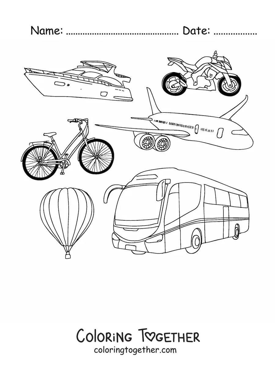 Coloring page of several means of transport