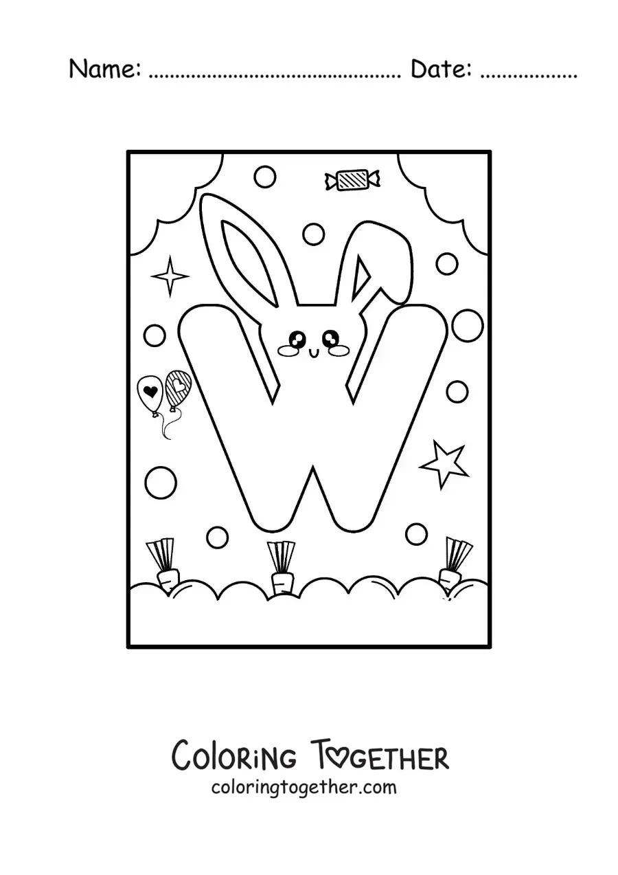 Coloring page of the letter W shaped like a cute kawaii cartoon bunny