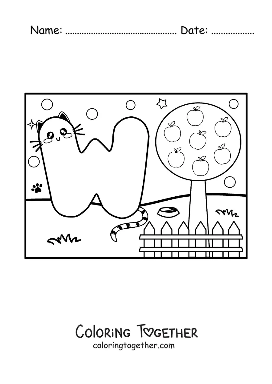 Coloring page of the cartoon letter W shaped like a cat in the park