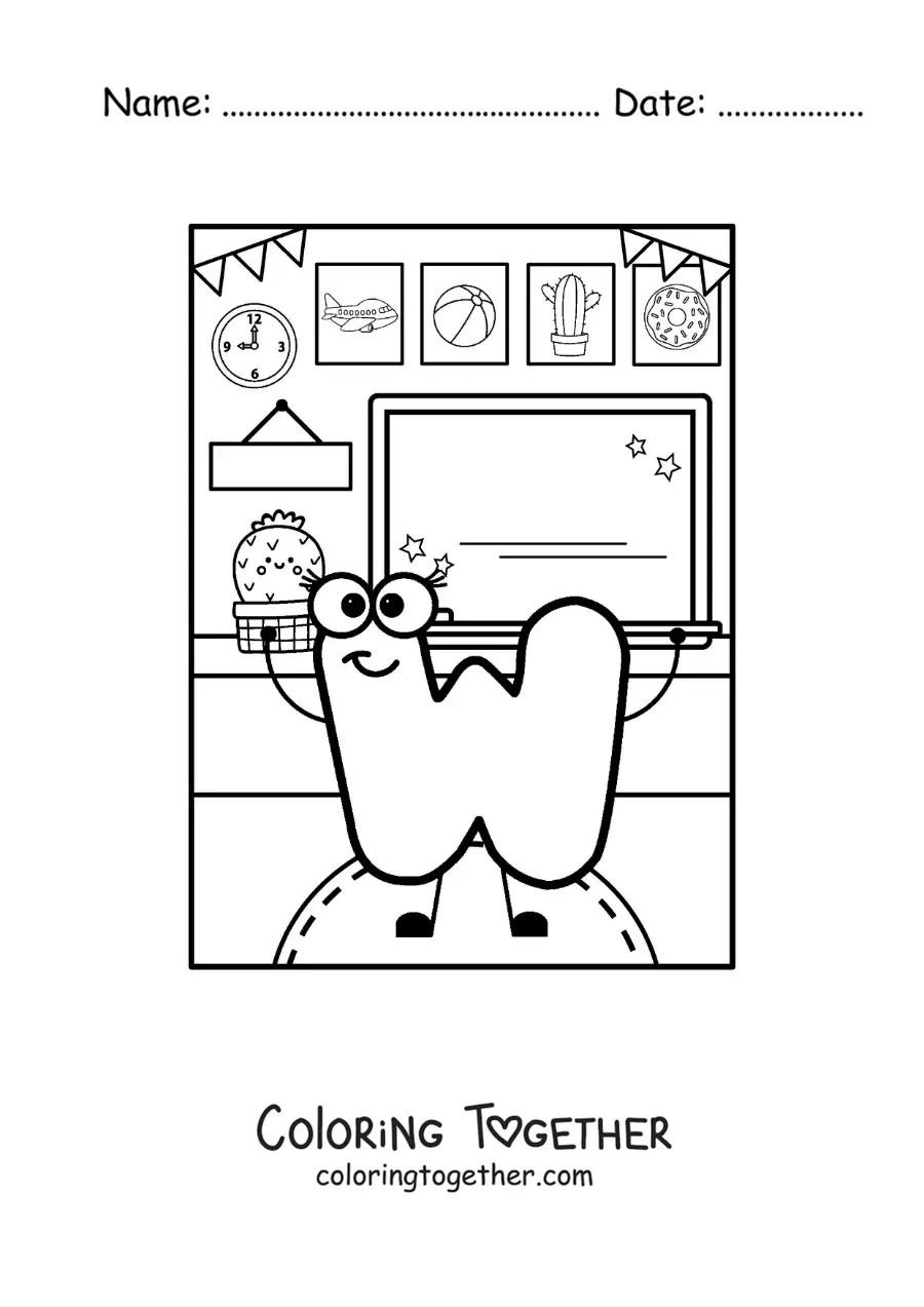 Coloring page of the cartoon letter W at school