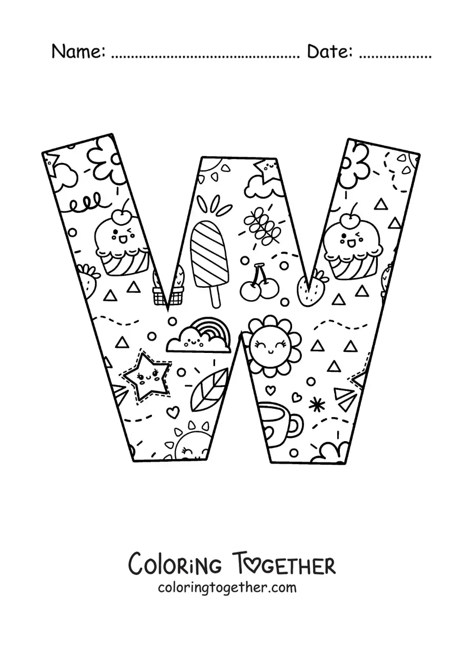 Coloring page of the letter W with cartoons