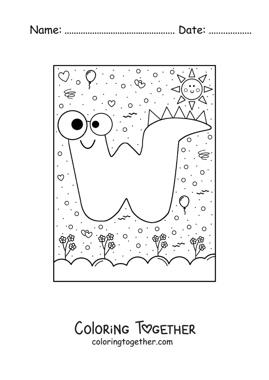 Coloring page of the cartoon letter W shaped like a monster