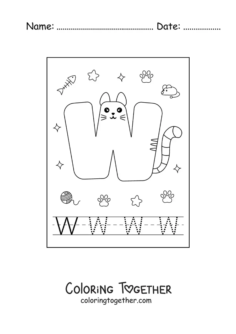 Coloring page of the cartoon letter W shaped like a cat