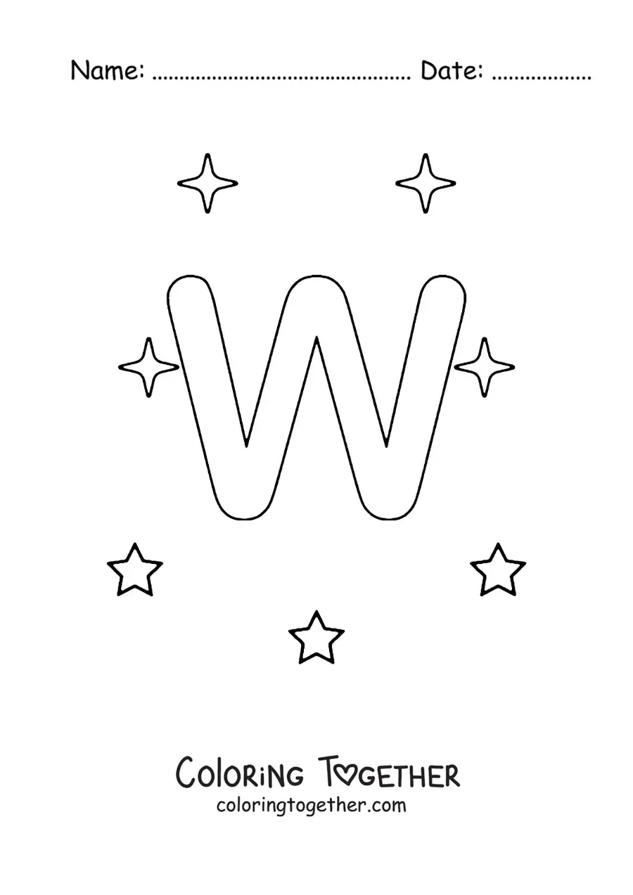 Coloring page of the uppercase letter W with stars