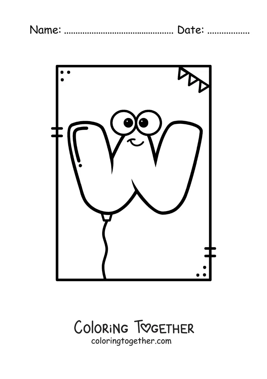 Coloring page of the cartoon letter W shaped like a balloon