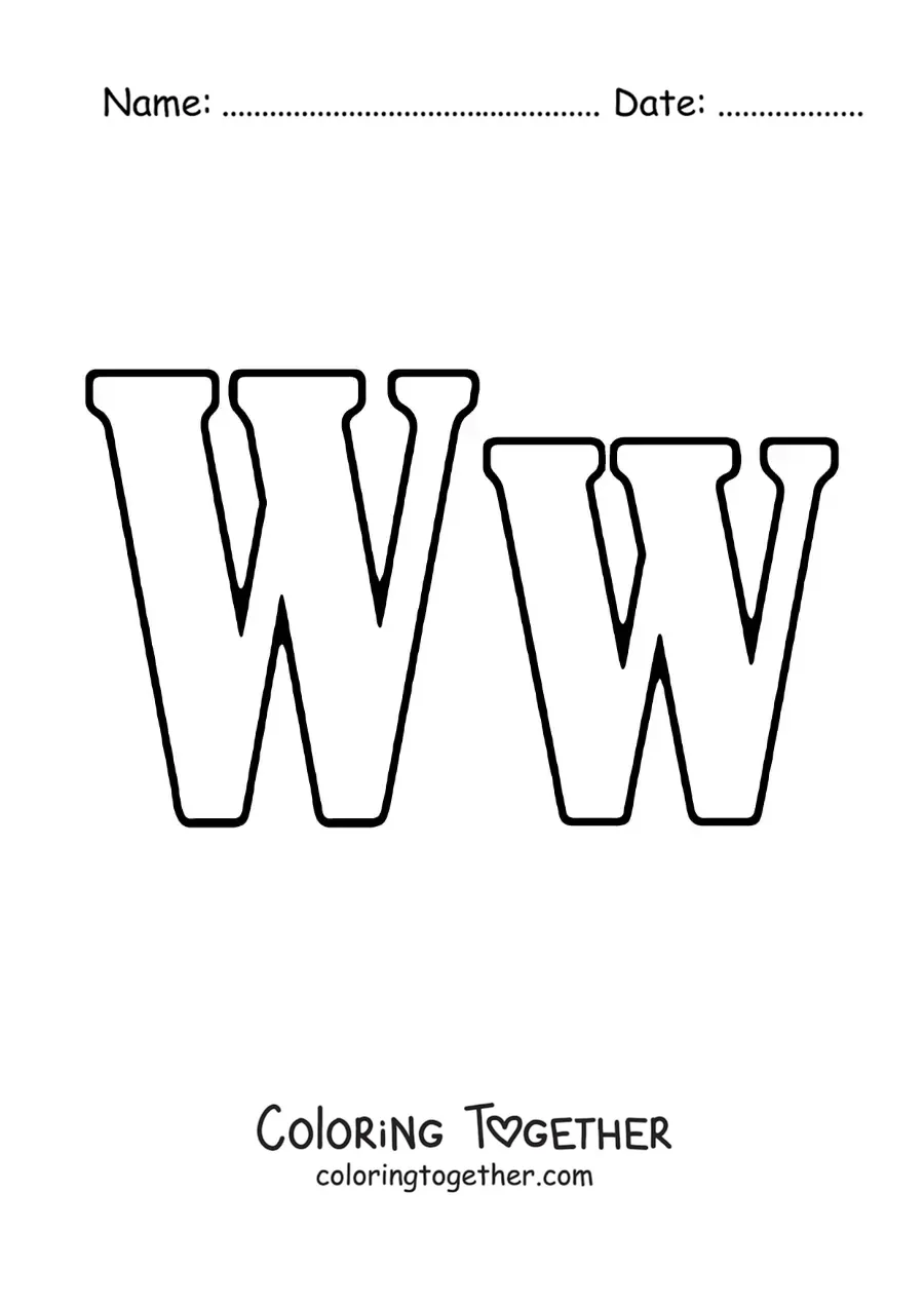 Coloring page of a big uppercase and lowercase letter W