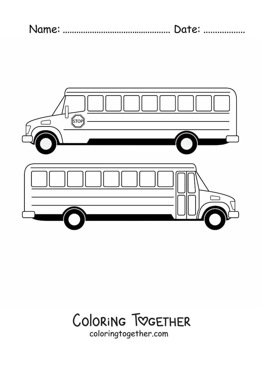 Coloring page of a school bus from two angles