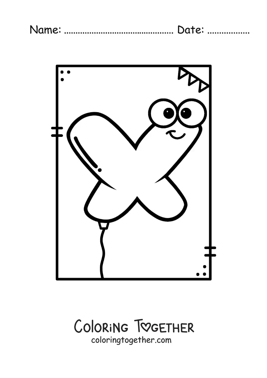 Coloring page of the cartoon letter X shaped like a balloon