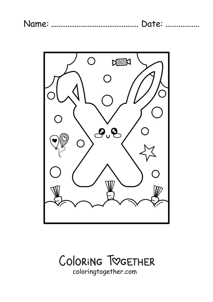 Coloring page of the letter X shaped like a cute kawaii cartoon bunny