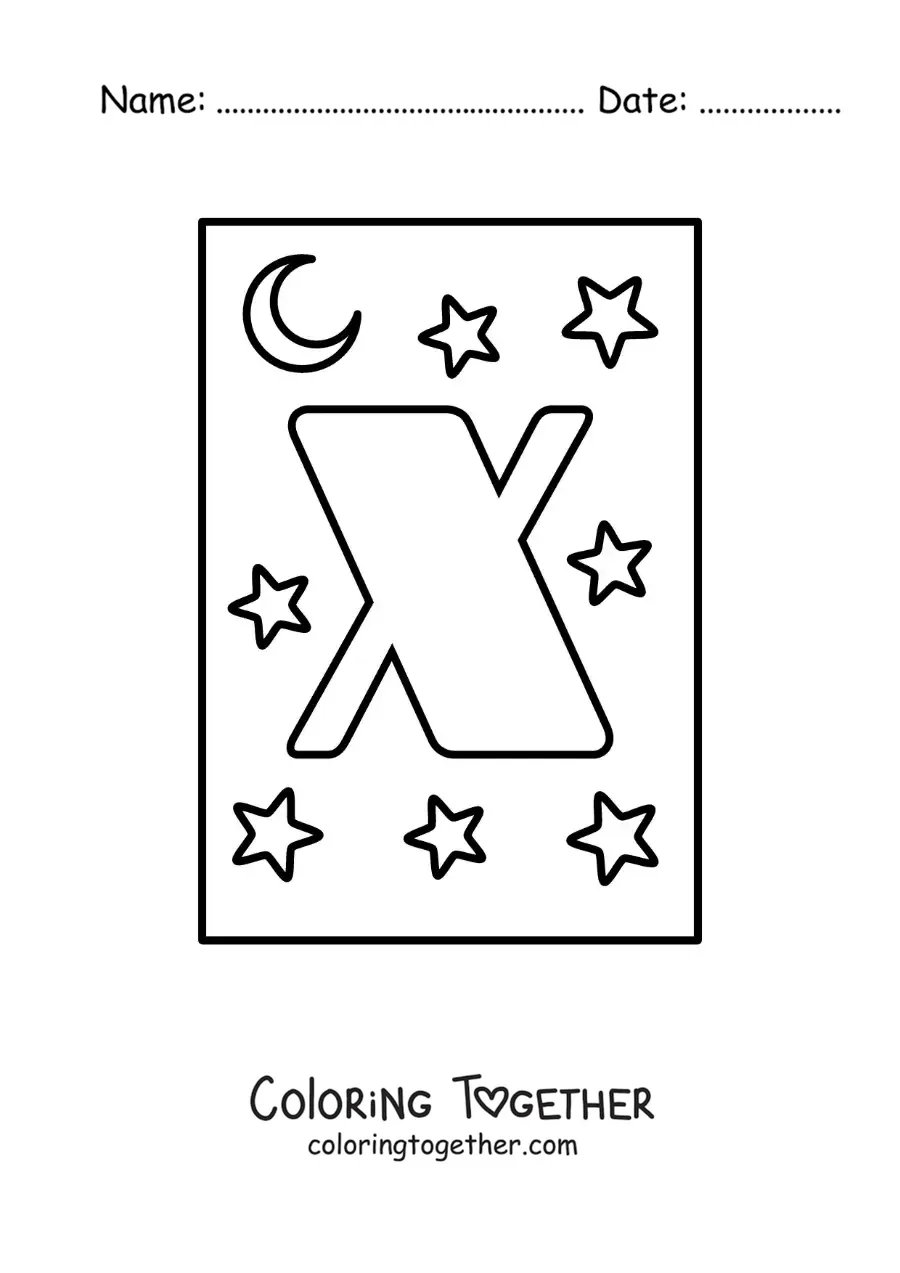 Coloring page of the uppercase letter X with stars and a moon