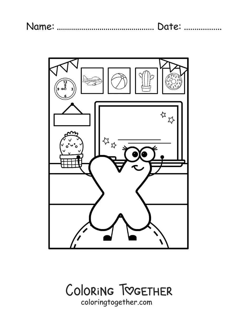 Coloring page of the cartoon letter X at school