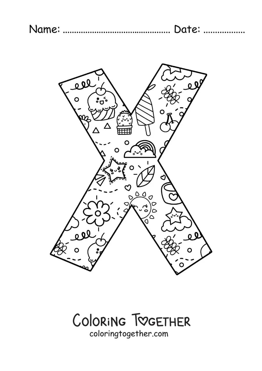 Coloring page of the letter X with cartoons