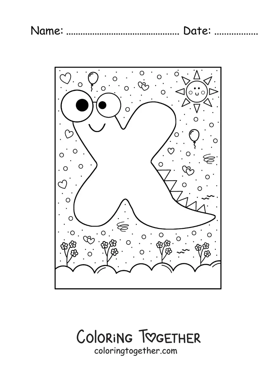 Coloring page of the cartoon letter X shaped like a monster