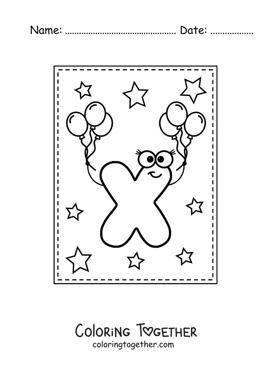 Coloring page of a cartoon uppercase letter X with balloons