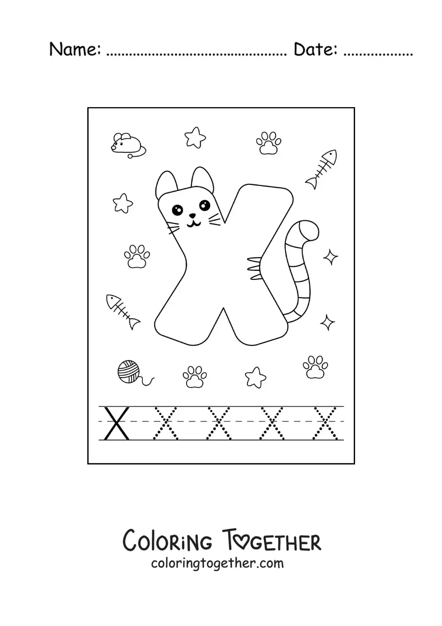 Coloring page of a cartoon letter X shaped like a cat