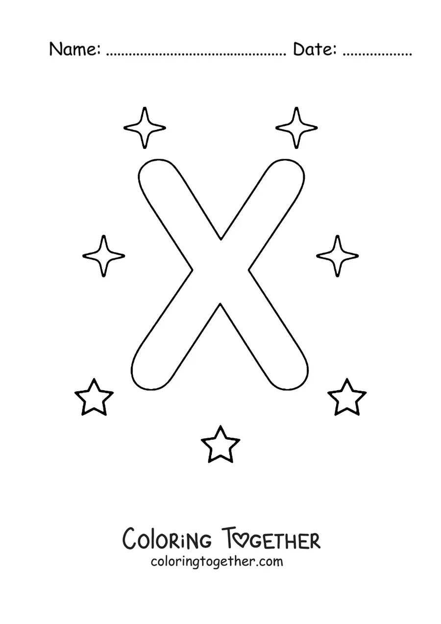 Coloring page of an uppercase letter X with stars