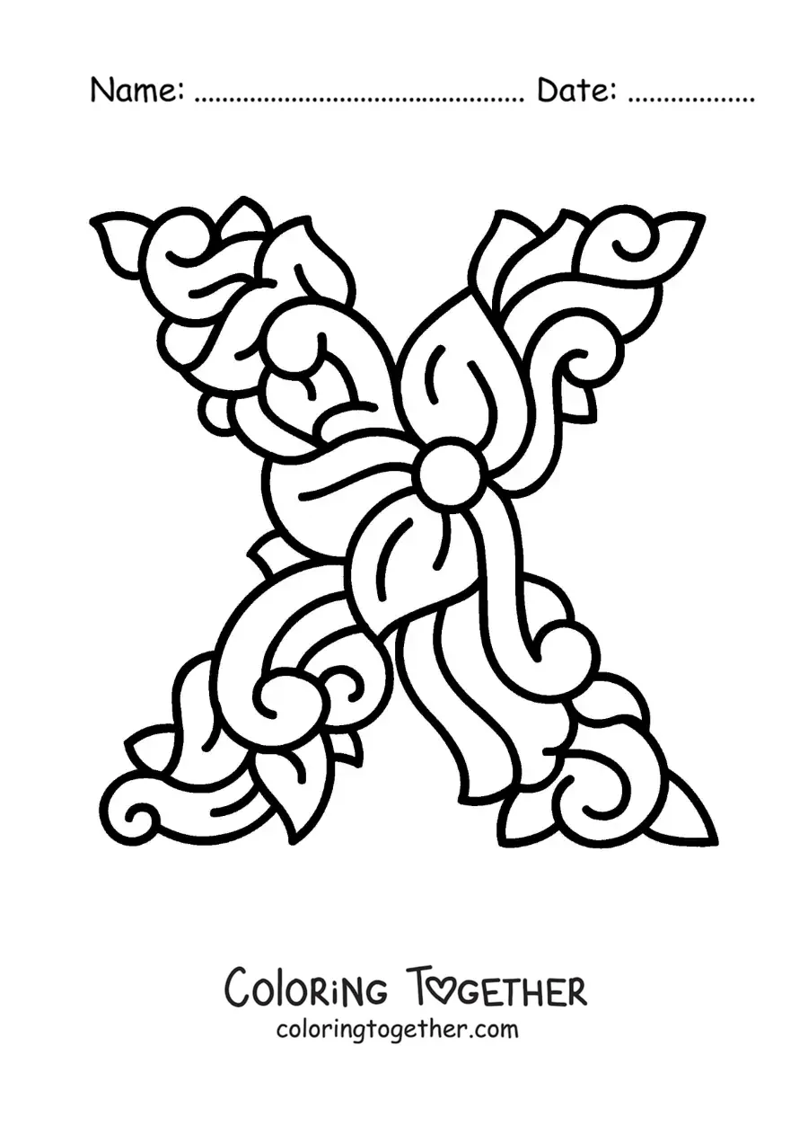 Coloring page of a decorated uppercase letter X