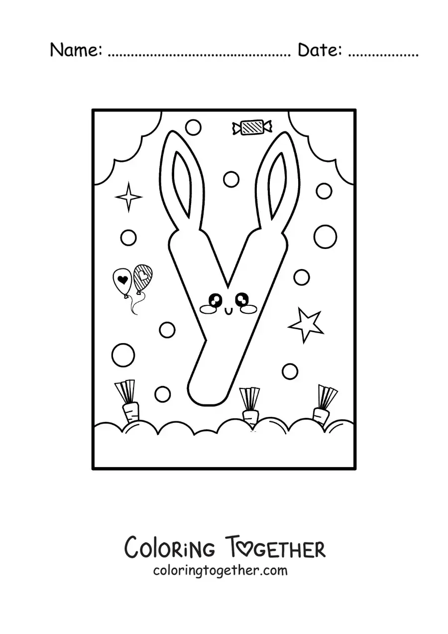 Coloring page of a letter Y shaped like a cute kawaii cartoon bunny